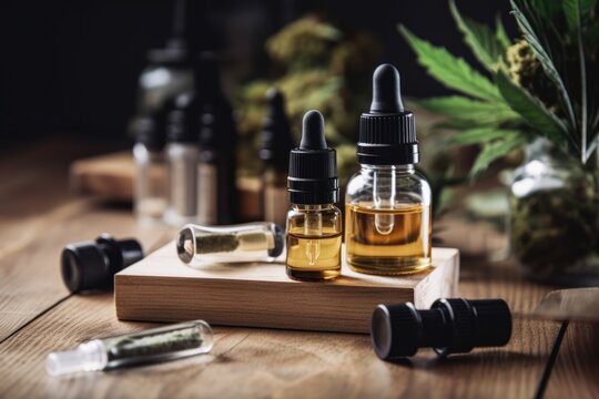 cbd oil on wooden table, surrounded by vape pens and other cbd products, created with generative ai