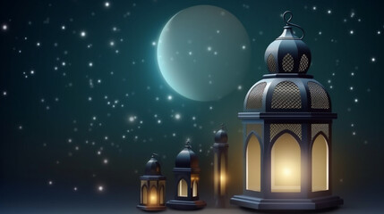 Obraz na płótnie Canvas islamic background with moon lanterns and mosque for ramadan eid ul fitr and eid al adha eid milad muharram generative ai