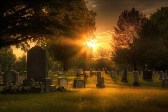 peaceful cemetery, with the warm glow of the sun filtering through clouds, created with generative ai