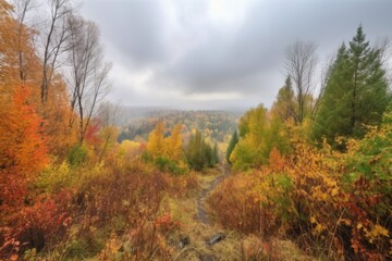 Fototapeta premium autumn forest hike with colorful foliage and misty clouds in the sky, created with generative ai