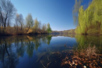 lake, with the reflection of the leaves and a clear blue sky, created with generative ai