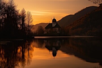 Naklejka na ściany i meble reflection of sunset on the lake and chapel in mountains, with silhouette of trees, created with generative ai