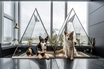 dog and cat architects sitting in futuristic glass office building looking over their designs, created with generative ai