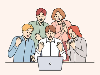 Happy team coworking on laptop celebrate shared business win or success. Smiling businesspeople excited with good results collaborating on computer in office. Vector illustration. 