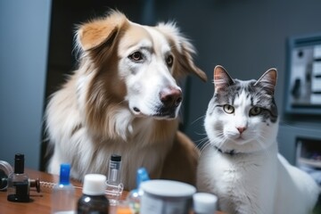 pair of feline and canine scientists working together in laboratory, conducting scientific experiments, created with generative ai