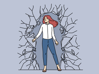 Confident businesswoman break stone wall reach business goal or aim. Successful happy female employee go through wall show strength and motivation. Vector illustration. 