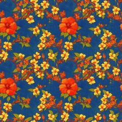 Seamless floral pattern with Hibiscus flowers, tileable, Generative AI