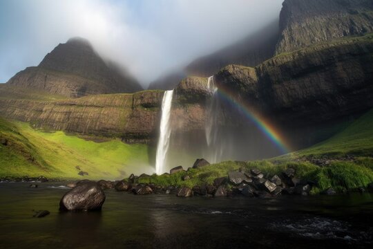 majestic waterfall, with mist and rainbows, against a dramatic mountain backdrop, created with generative ai