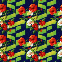 Obraz premium Seamless floral pattern with Hibiscus flowers, tileable, Generative AI