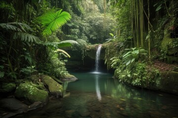 waterfall cascading into tranquil pool in lush jungle, created with generative ai