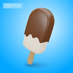 3D render of popsicle on a stick with chocolate icing and sprinkling. Fast food, sweet, summer dessert. Bright Illustration in cartoon, plastic, clay 3D style. Isolated on a white background.