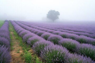 lavender field blanketed in misty morning fog, created with generative ai