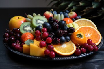 Naklejka na ściany i meble plate of fresh, juicy fruits for a boost of immunity, created with generative ai