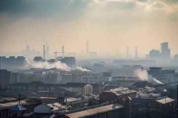 smoggy city skyline, with factory smoke and exhaust fumes in the distance, created with generative ai