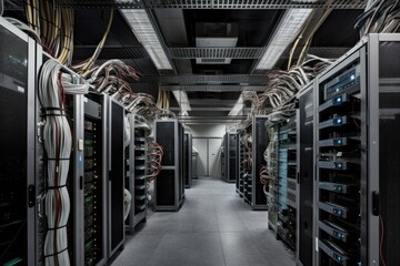 data center with shelves full of server hardware, cables in sight, created with generative ai