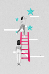 Vertical collage success girls reach height ladder motivation catching stars finance startup edtech...