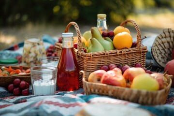 close-up of picnic basket, with colorful assortment of foods and drinks visible, created with generative ai