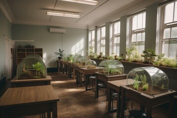 school classroom with terrariums and live plants for educational purposes, created with generative ai