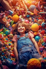 A joyful and smiling child in an environment made entirely of sweets and candies - ai generative