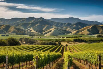 lush vineyard with rolling hills and majestic mountains in the background, created with generative ai