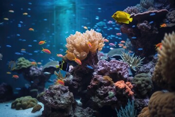 aquarium with exotic fish swimming among coral reef, created with generative ai