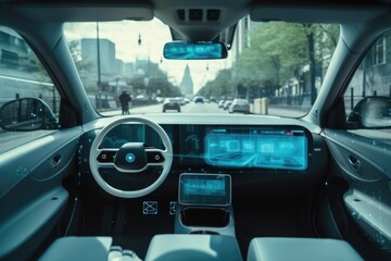 smart car, with augmented reality view of the road and surrounding environment, driving through virtual city, created with generative ai
