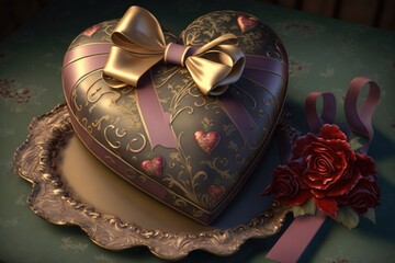 heart-shaped cake surrounded by giftwrap, with a bow and heart-shaped lock, created with generative ai