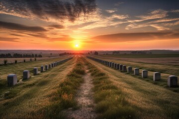 vast cemetery, with rows of headstones stretching into the distance, during sunset, created with generative ai