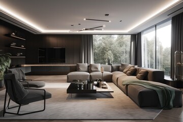 a contemporary living room with a video conference system and sleek furniture that brings comfort and style, created with generative ai