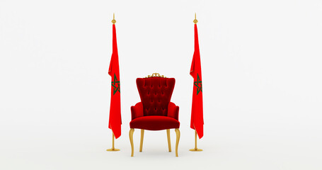 3D render of red king armchair with moroccan flag, kingdom of morocco, independence day concept