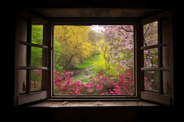 window in a forest, with view of blooming trees and buzzing bees, created with generative ai