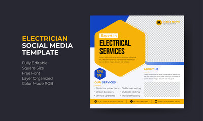Electrician Service social media ads template design. For web ads, electrical team flyer design.	
