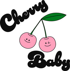 Cherry mascot with a face. A fruity pair of funny logo. Vector simple illustration. 