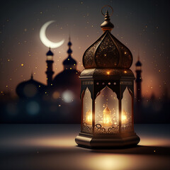 islamic background with moon lanterns and mosque for ramadan eid ul fitr and eid al adha eid milad muharram generative ai