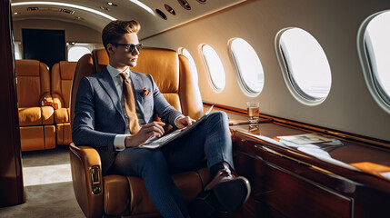 Smiling businessman looking at window in private plane. Business jet interior. Generative AI - obrazy, fototapety, plakaty