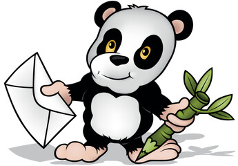 Little Panda Bear with a Envelope and a Bamboo Pencil in its Paws