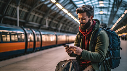 Young man waits sitting for train while working on computer remotely, digital nomad Generative AI