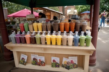 smoothie stand, with variety of smoothies and shakes made from fresh ingredients, created with generative ai