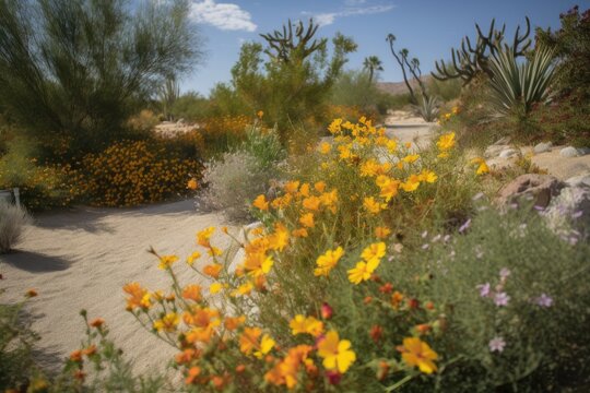 view of drought-tolerant and native plants blooming in the desert, created with generative ai
