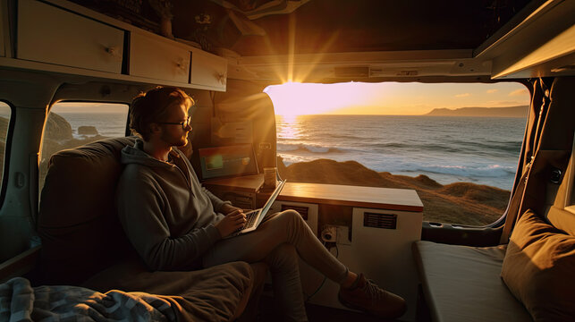 Mature man working on laptop computer inside camper van with nature outdoors view outside window. Concept of freedom and vanlife lifestyle. Smart remote working online Generative AI
