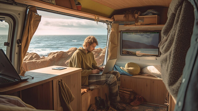 Mature man working on laptop computer inside camper van with nature outdoors view outside window. Concept of freedom and vanlife lifestyle. Smart remote working online Generative AI