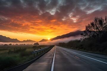 scenic highway with view of sunrise over mountains, clouds streaking the sky, created with generative ai