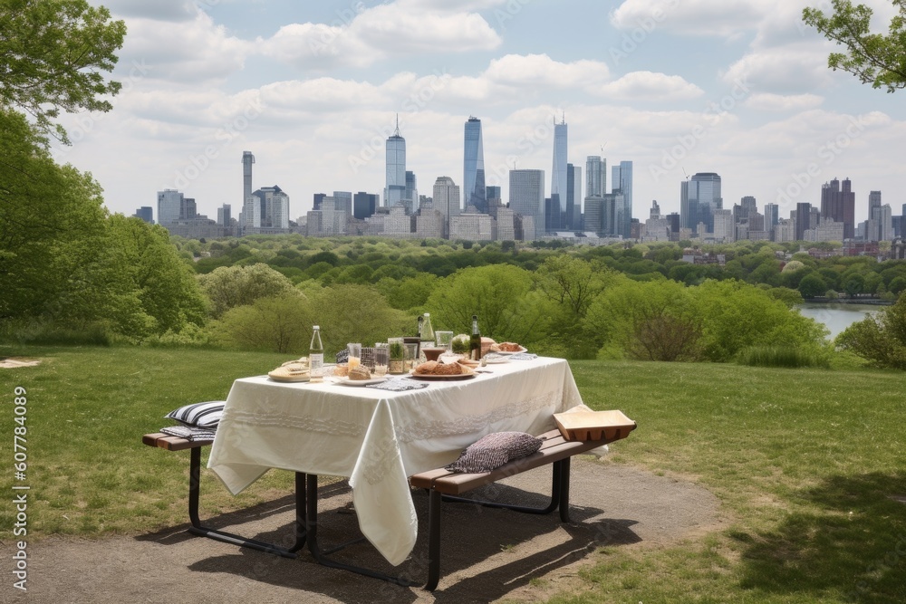 Wall mural picnic in park, with view of the city skyline, created with generative ai