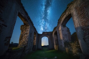 ancient ruins, with view of the night sky and stars, showing the passage of time, created with generative ai