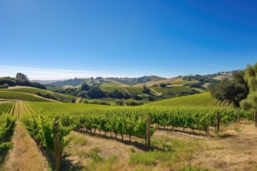 Fototapeta na wymiar vineyard surrounded by rolling hills and clear blue sky, created with generative ai