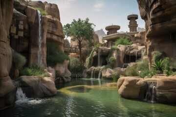 Fototapeta na wymiar oasis surrounded by towering rock formations, with cascading waterfalls, created with generative ai
