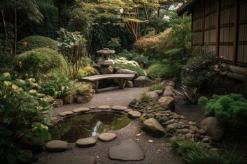 peaceful garden with running water and sound of trickling water, created with generative ai