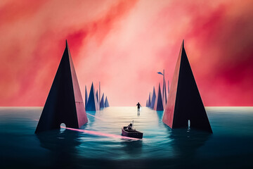 Paysage surréaliste avec une barque suivant un chemin sur l'eau entre des blocs en forme de pyramide - Générative IA - obrazy, fototapety, plakaty
