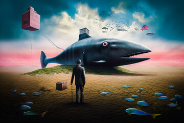 Paysage surréaliste avec un poisson géant sur l'herbe - Générative IA - obrazy, fototapety, plakaty