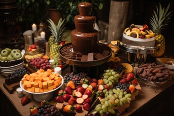 Fototapeta na wymiar chocolate fountain surrounded by different fruits and pastries for dipping, created with generative ai